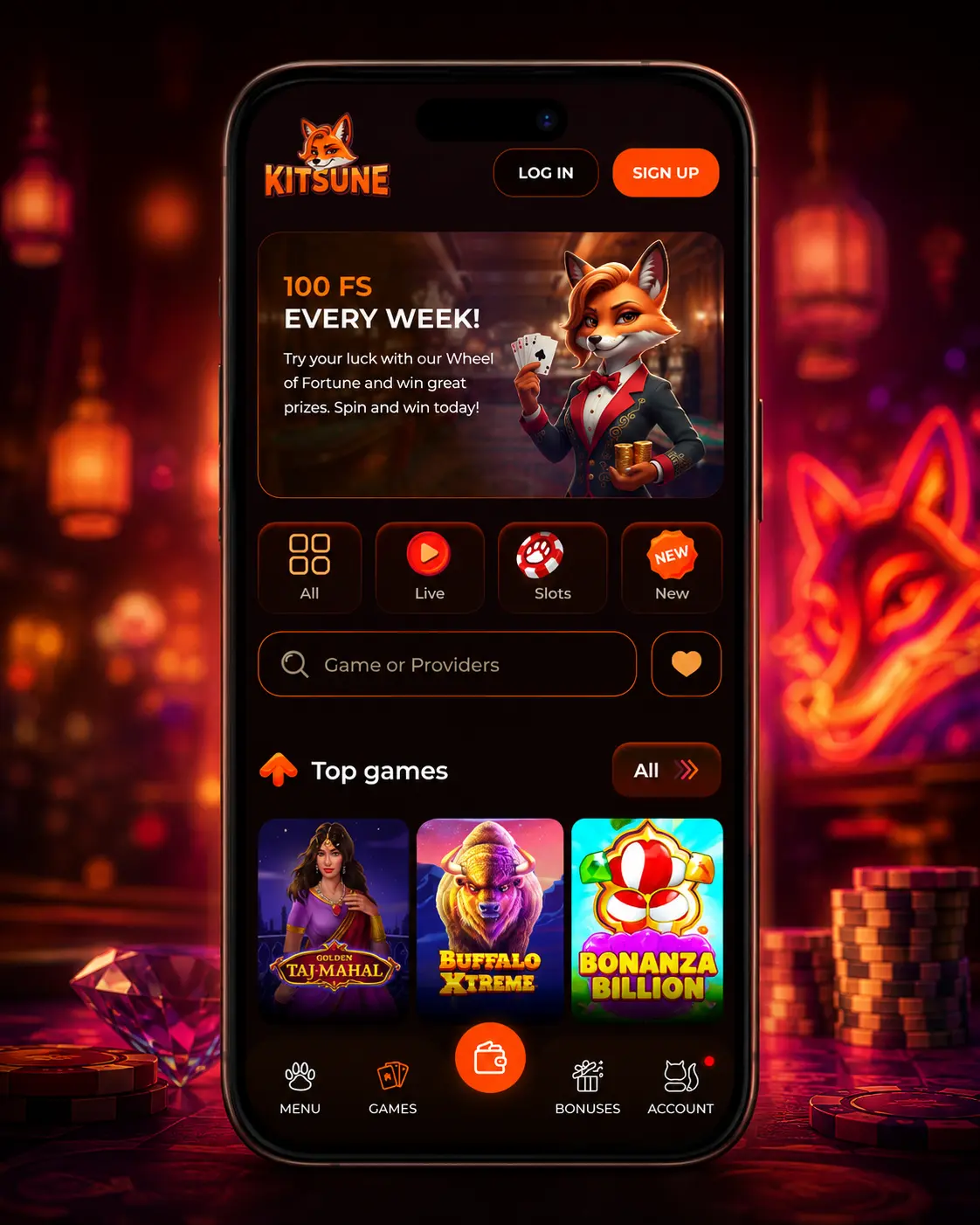Mobiele Kitsune Casino-lobby op een smartphone